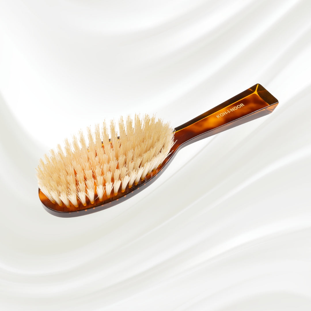 126 KOH-I-NOOR large oval hairbrush with brown tortoiseshell acetate handle and white natural bristles; KOH-I-NOOR's gold logo stamped on the handle