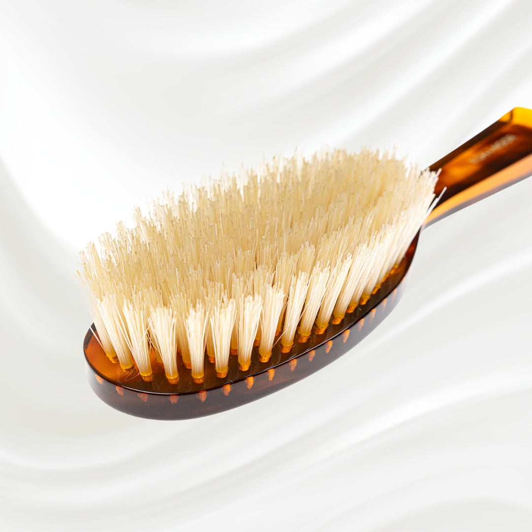 126 KOH-I-NOOR large oval hairbrush with brown tortoiseshell acetate handle and white natural bristles; KOH-I-NOOR's gold logo stamped on the handle