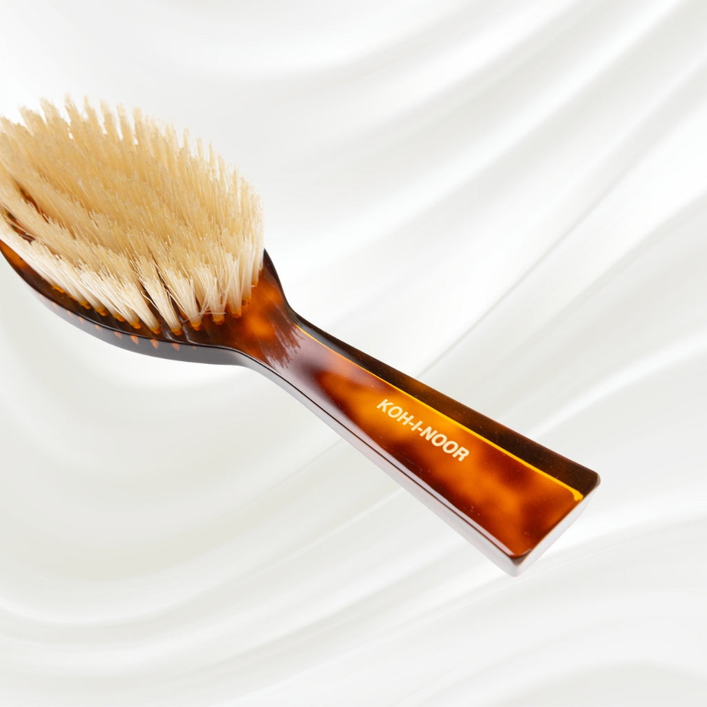 126 KOH-I-NOOR large oval hairbrush with brown tortoiseshell acetate handle and white natural bristles; KOH-I-NOOR's gold logo stamped on the handle