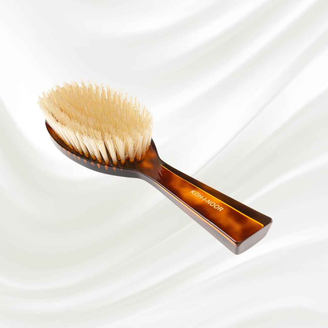 126 KOH-I-NOOR large oval hairbrush with brown tortoiseshell acetate handle and white natural bristles; KOH-I-NOOR's gold logo stamped on the handle