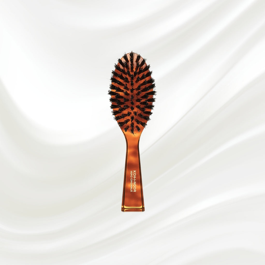 203 KOH-I-NOOR small oval hairbrush with brown tortoiseshell acetate handle and black boar bristles; KOH-I-NOOR's gold logo stamped on the handle