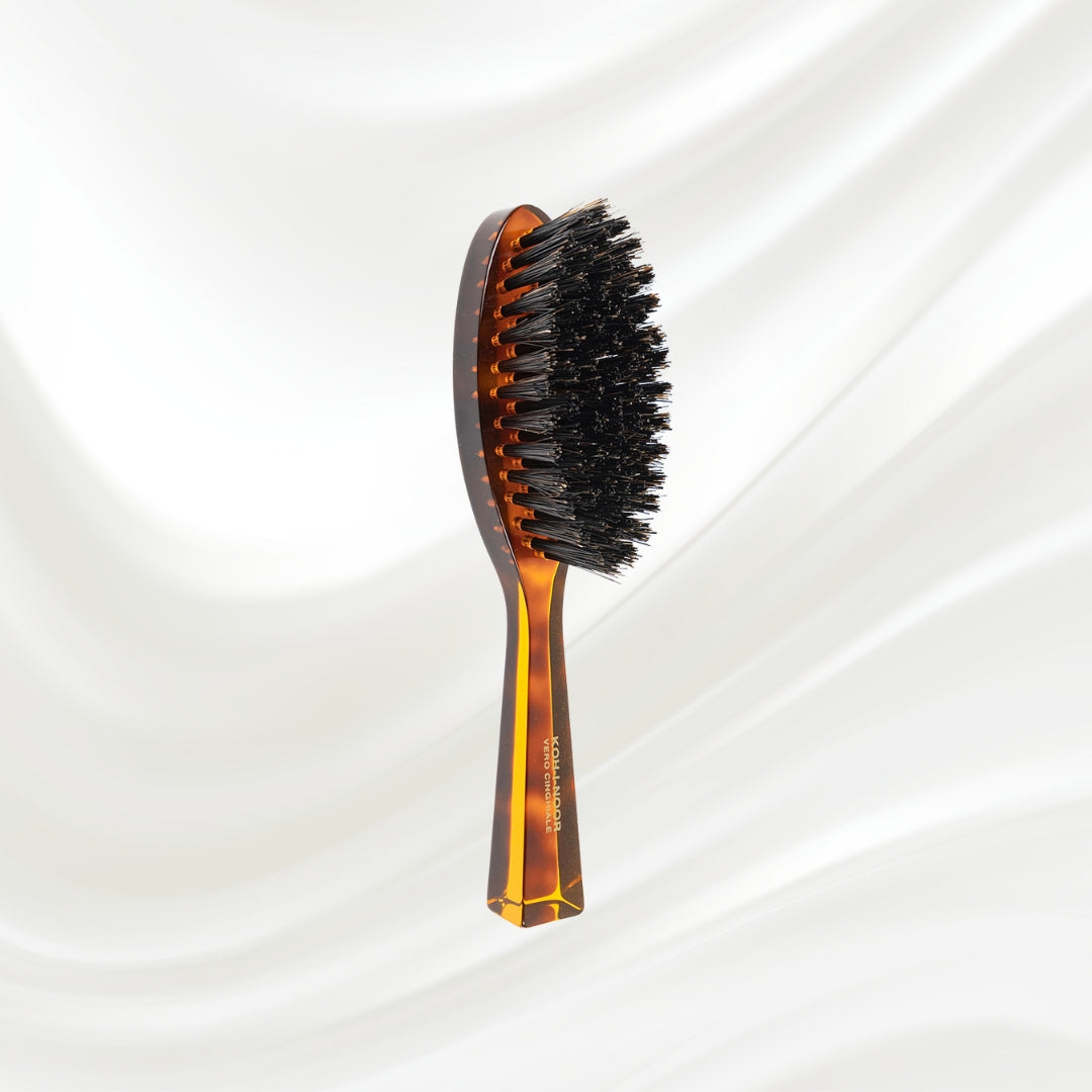 203 KOH-I-NOOR small oval hairbrush with brown tortoiseshell acetate handle and black boar bristles; KOH-I-NOOR's gold logo stamped on the handle