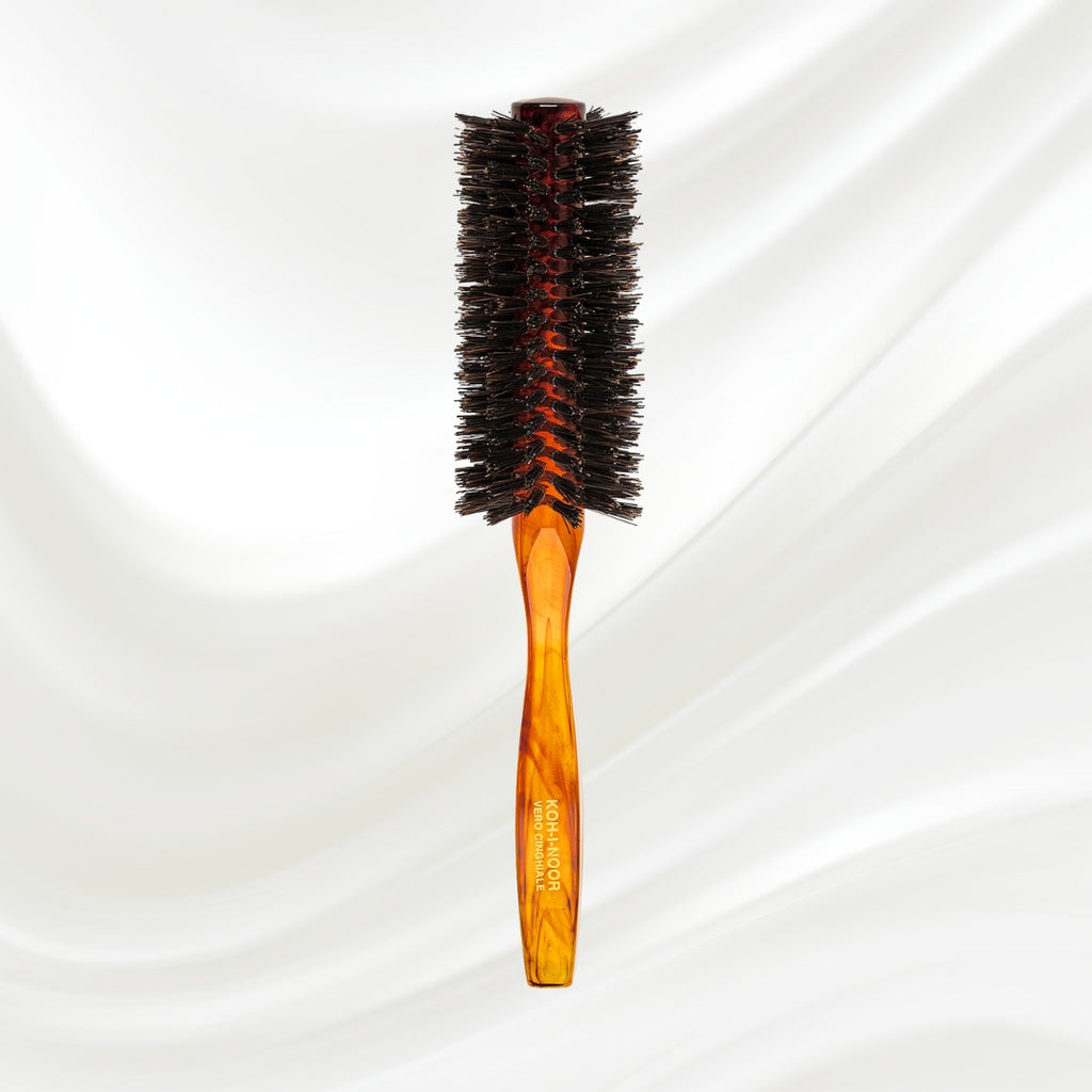 205 KOH-I-NOOR round styling hairbrush with brown tortoiseshell acetate handle and black boar bristles; KOH-I-NOOR's gold logo stamped on the handle