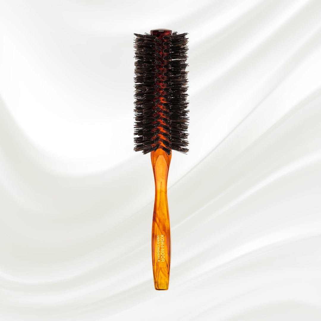 205 KOH-I-NOOR round styling hairbrush with brown tortoiseshell acetate handle and black boar bristles; KOH-I-NOOR's gold logo stamped on the handle
