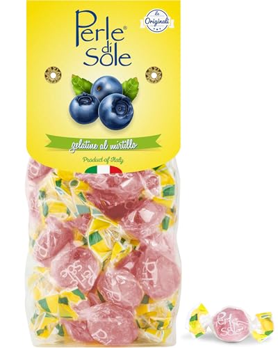 Pack of Perle di Sole gummy candies with blueberries on a yellow background
