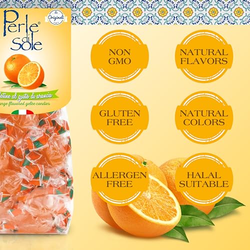 Packaging of Perle del Sole orange-flavored gels with health benefits labels on a yellow background.