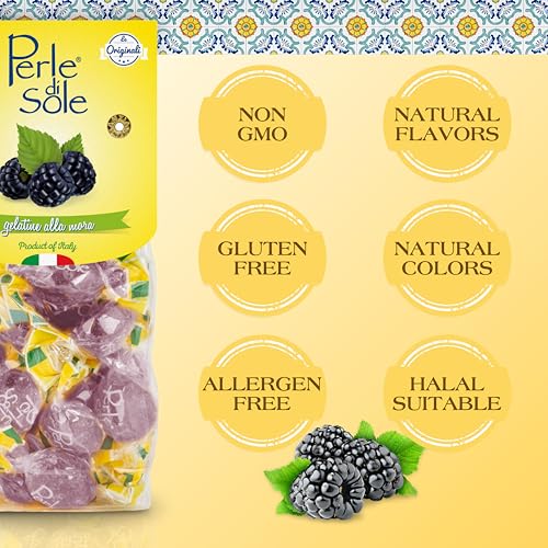 Perle di Sole product packaging with blackberries and certification labels on a yellow background