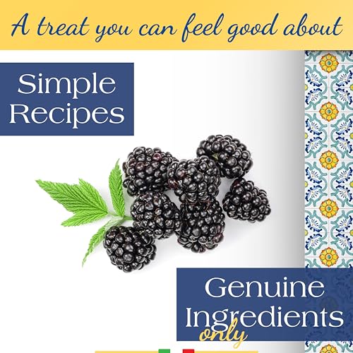 Blackberries with green leaves on a white background, surrounded by text about simple recipes and genuine ingredients.