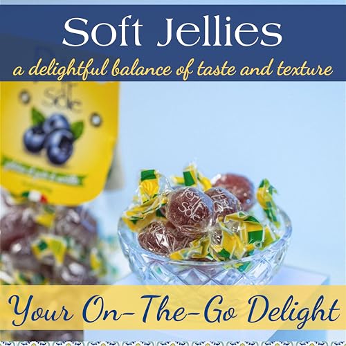 Glass bowl with soft jellies and a yellow package labeled 'Soft Jellies' on a blue background.