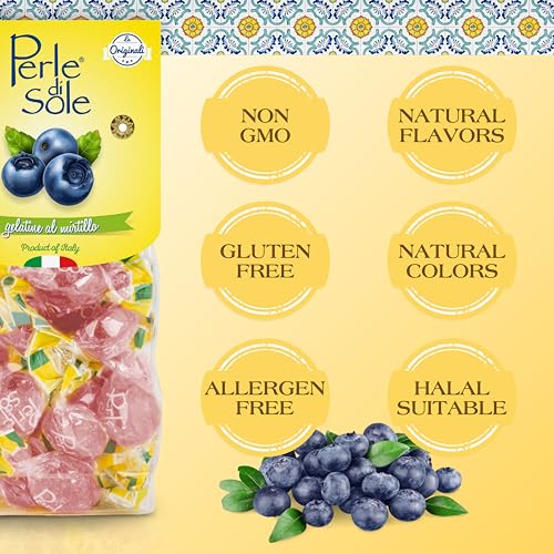 Perle di Sole product packaging with blueberries and certification labels on a yellow background