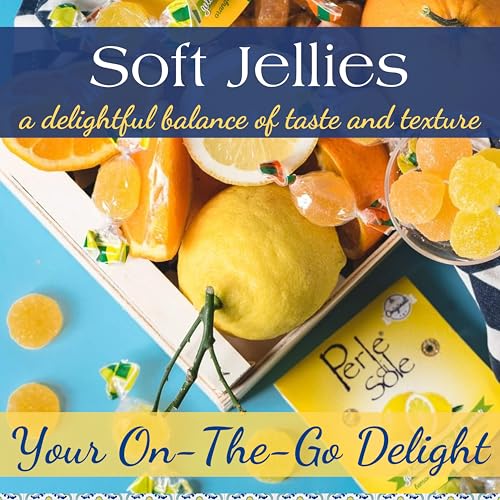 Soft jellies with lemons and oranges on a blue background, featuring text about taste and texture.