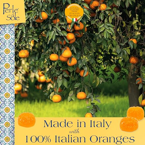 Oranges on a tree with 'Perle del Sole' branding and text about Italian oranges.