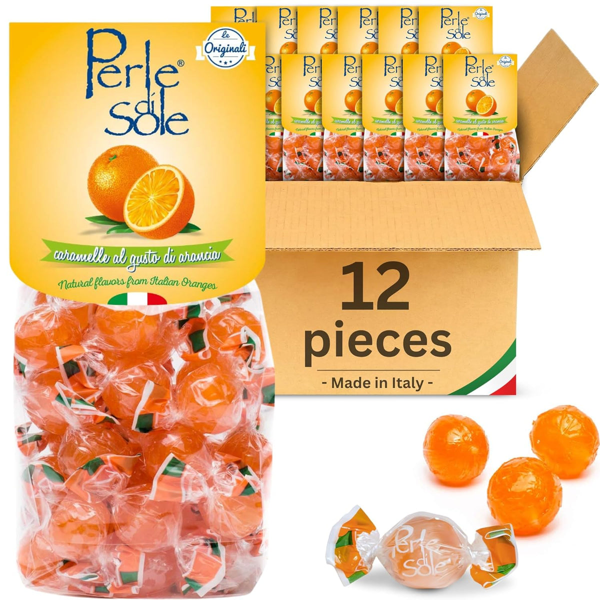 Perle du Soleil orange candy packaging with a box labeled '12 pieces' and candy pieces displayed.