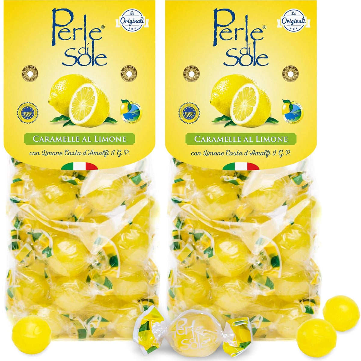 Two packages of Perle di Sole lemon candy on a white background