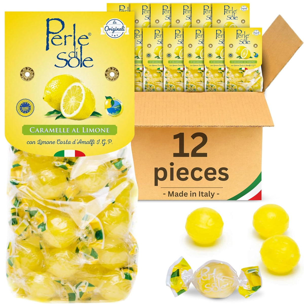 Perle di Sole lemon candy packaging with a box of 12 pieces on a white background