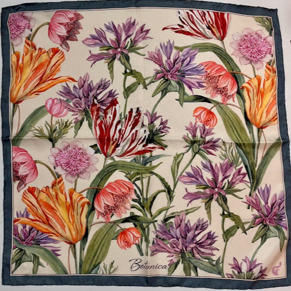 colourful silk scarf depicting purple, red and orange flowers