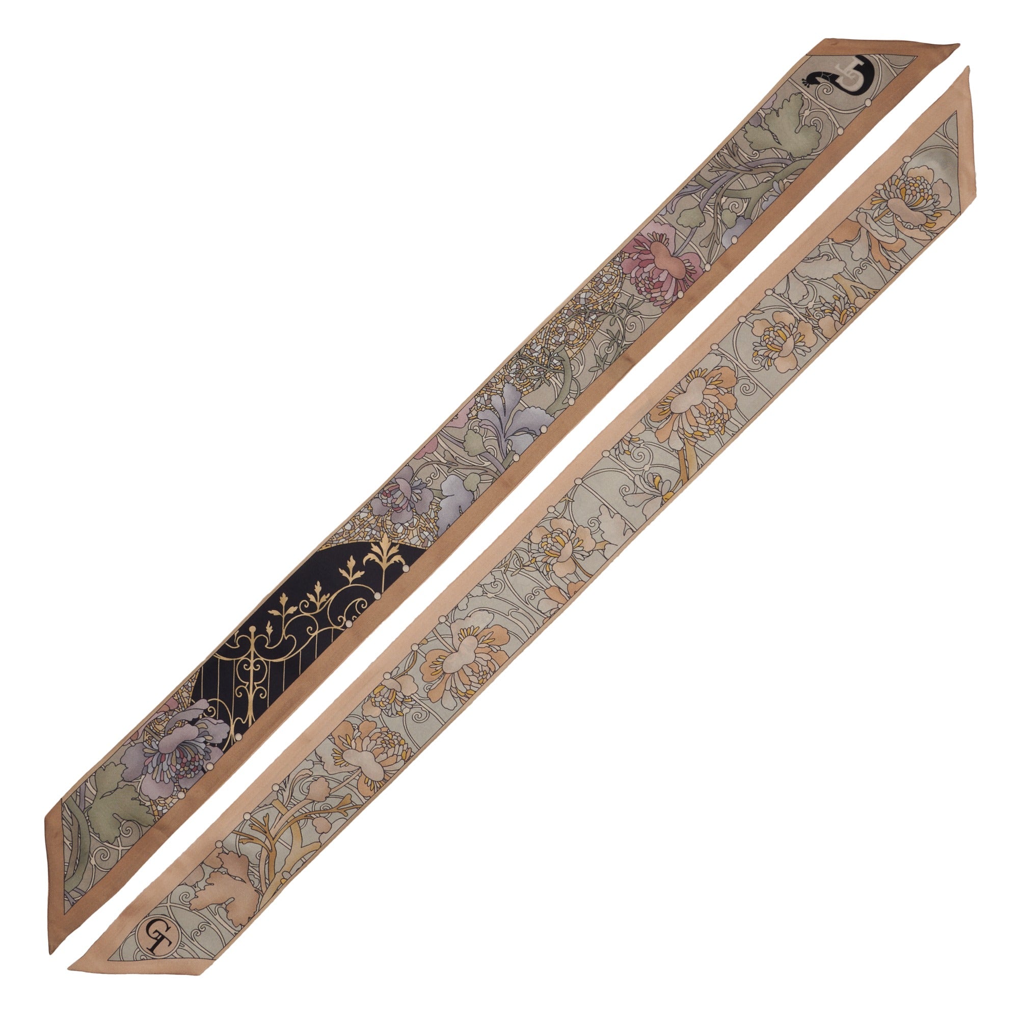 gold silk twilly with floral and architectural decorations