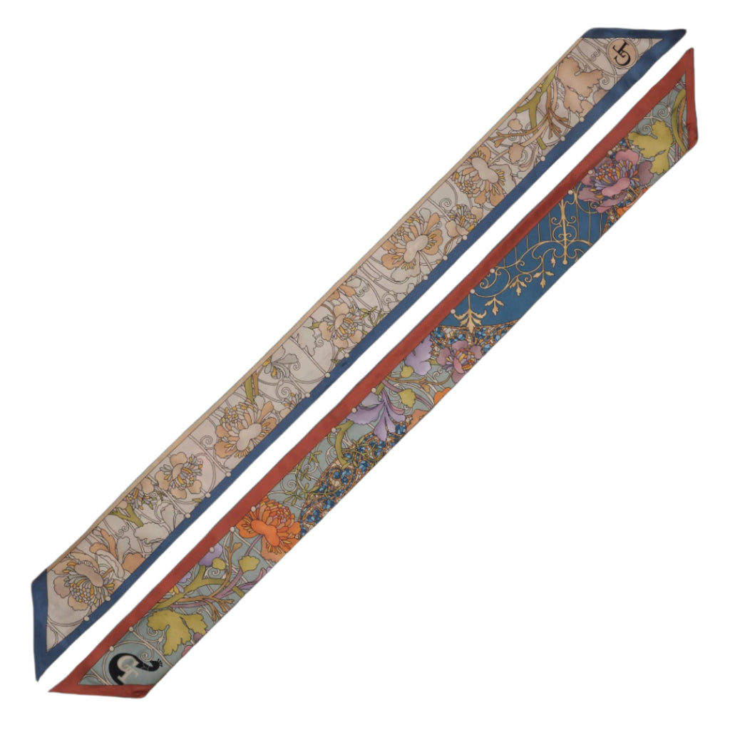silk twilly with floral patterns on two sides with different colours