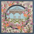 silk scarf depicting colourful flowers, an italian garden and a pavillion