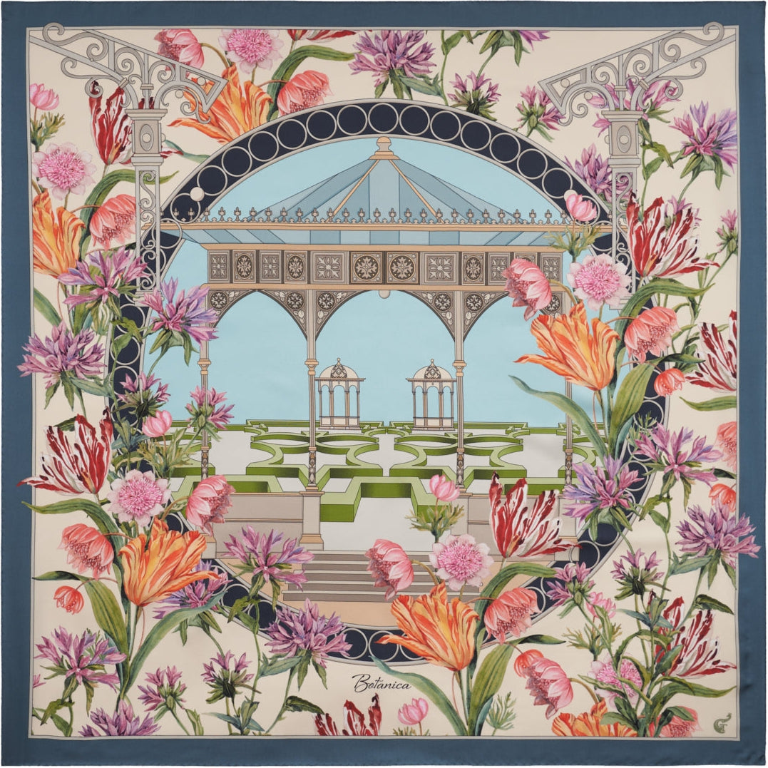 silk scarf depicting colourful flowers, an italian garden and a pavillion