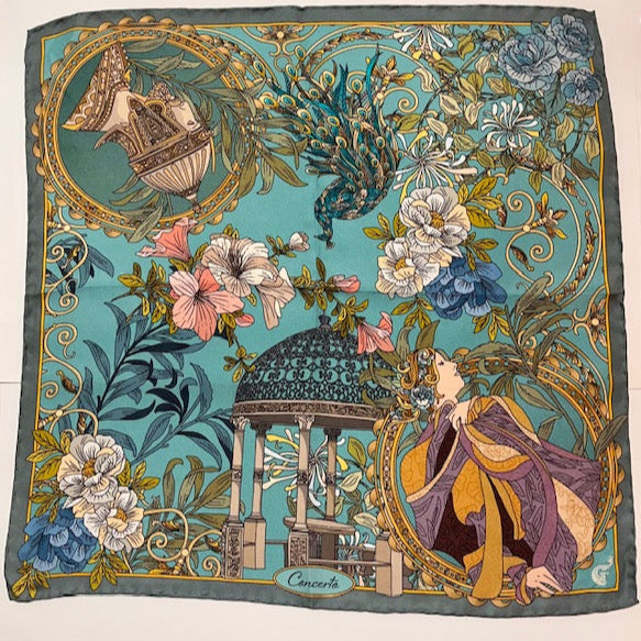 blue silk scarf depicting flowers, a peacock and two opera characters