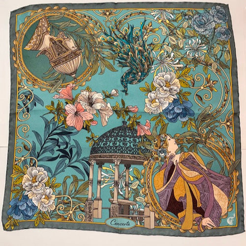 blue silk scarf depicting flowers, a peacock and two opera characters