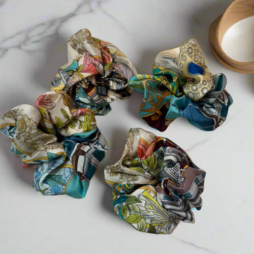 silk scrunchie with bluye and white floral patterns