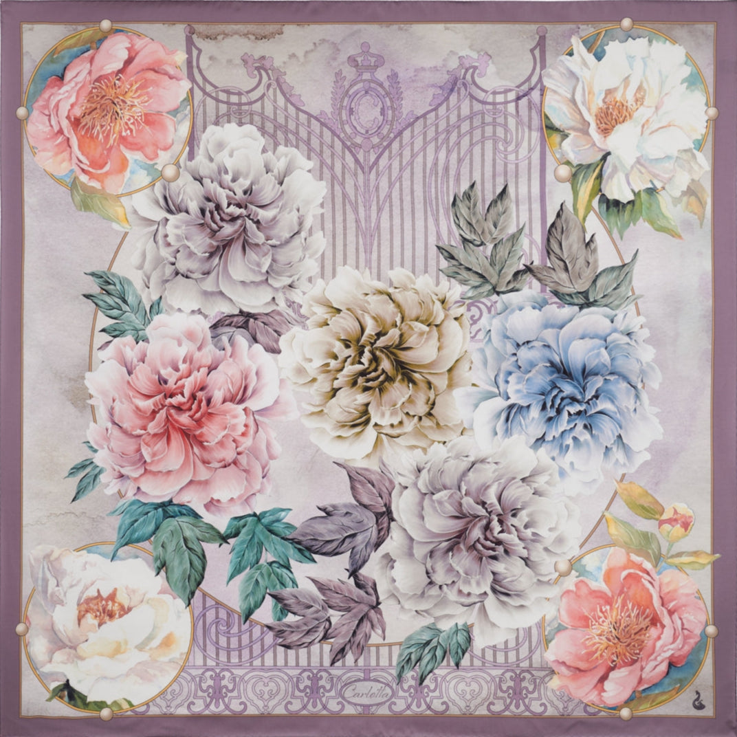purple silk scarf with colourful flowers and wrought iron gate design inspired by Villa Carlotta on Lake Como