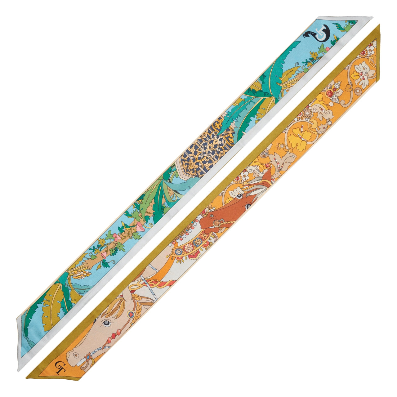 blue and orange silk twilly with plant and horses decorations