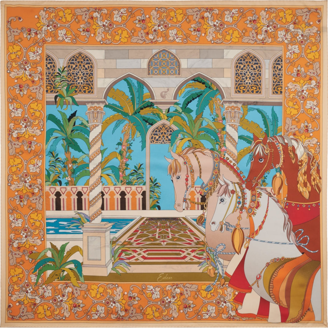 silk scarf with orange border decorated with flowers. Three horses are painted on the right, while at the center there iarean arab garden and palace