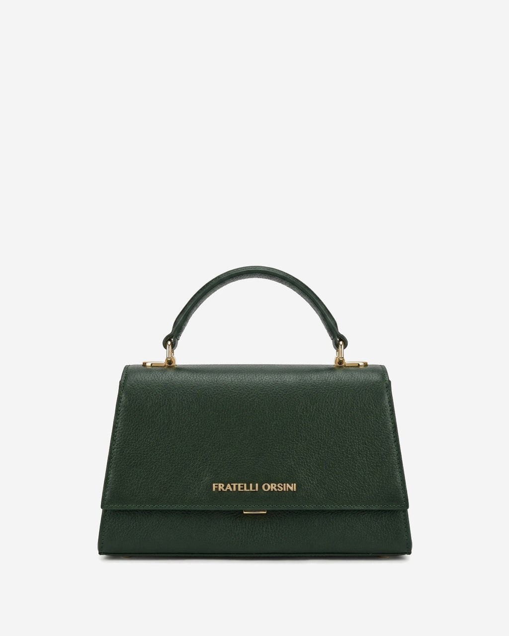 Green handbag with 'Fratelli Orsini' branding on a light gray background
