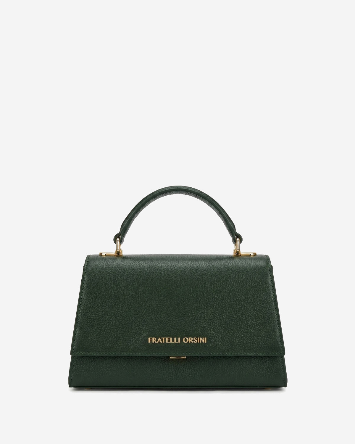 Green handbag with 'Fratelli Orsini' branding on a light gray background