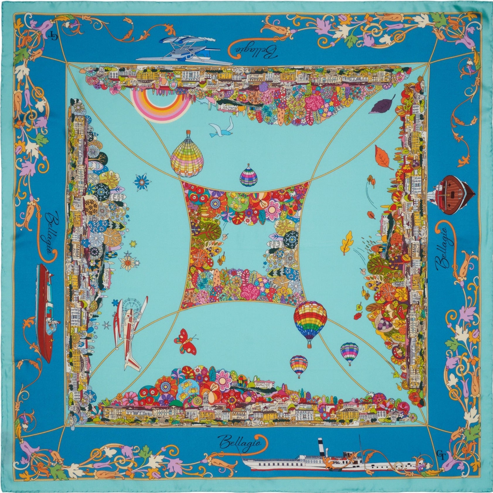 blue silk scarf with four colourful depictions of the town of Bellagio on lake Como during the seasons