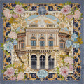 colorful silk scarf depicting flowers and the Bellini theatre of Catania