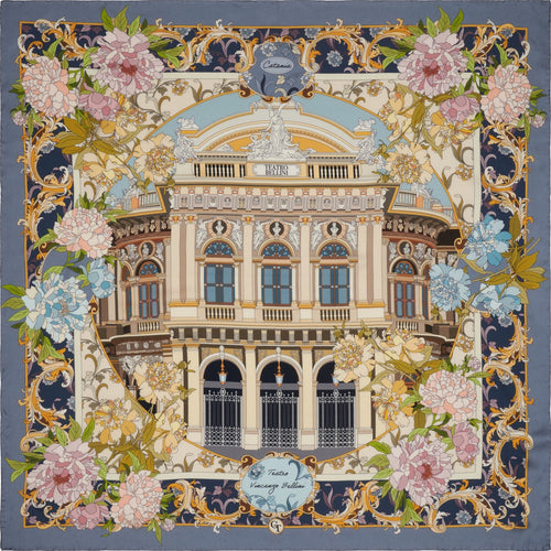 colorful silk scarf depicting flowers and the Bellini theatre of Catania