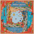orange and blue silk scarf with colourful depiction of the city of Como during the seasons