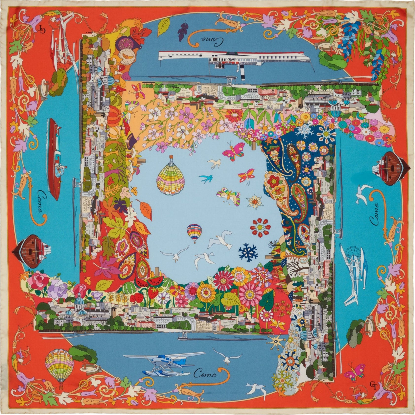 orange and blue silk scarf with colourful depiction of the city of Como during the seasons