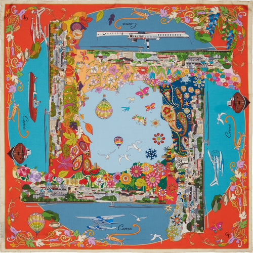 orange and blue silk scarf with colourful depiction of the city of Como during the seasons