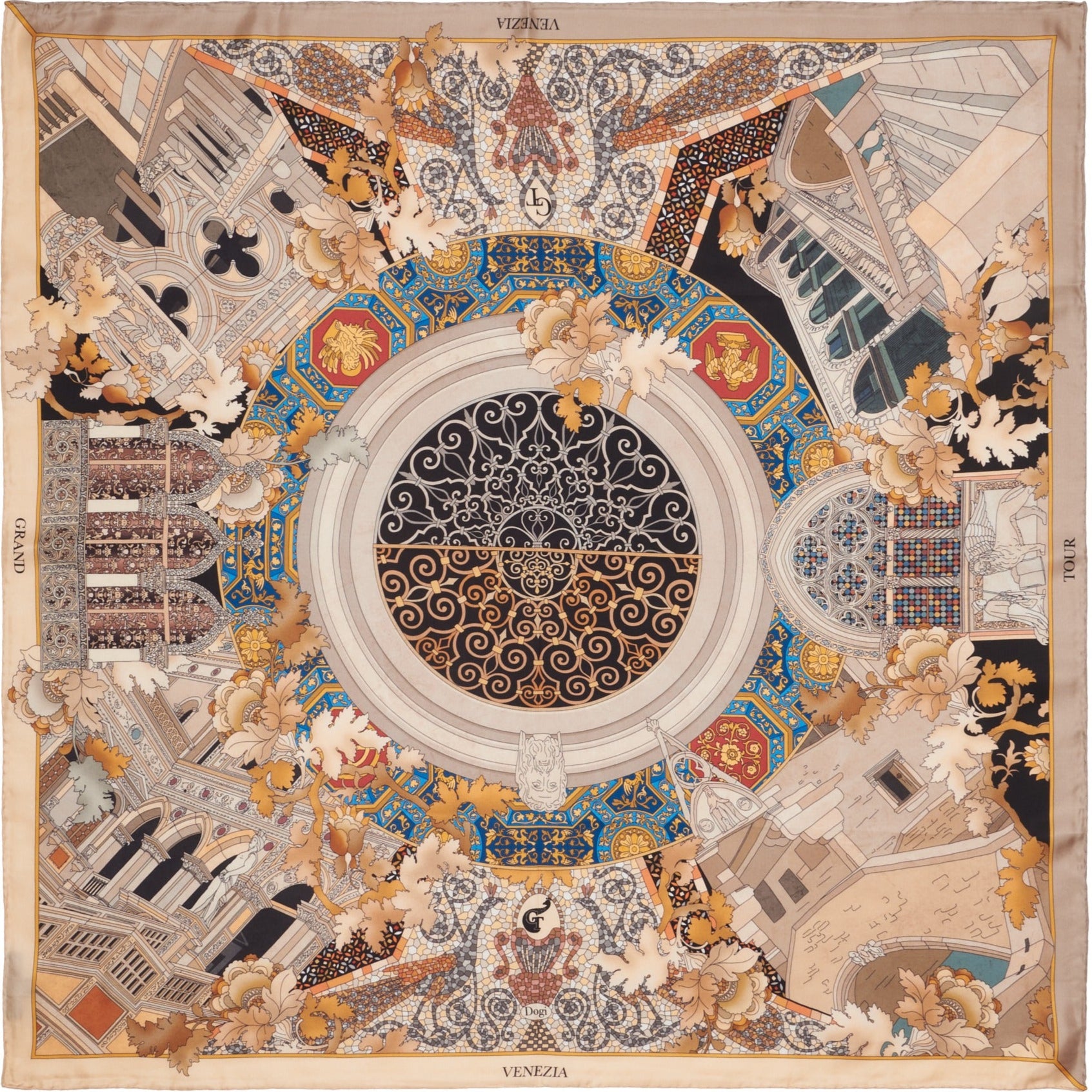 silk scarf depicting architectural elements of the city of Venice: mosaics, palaces, bridges, stained glass windows