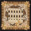 black, white and gold silk scarf depicting lilies and Rucellai palace in Florence