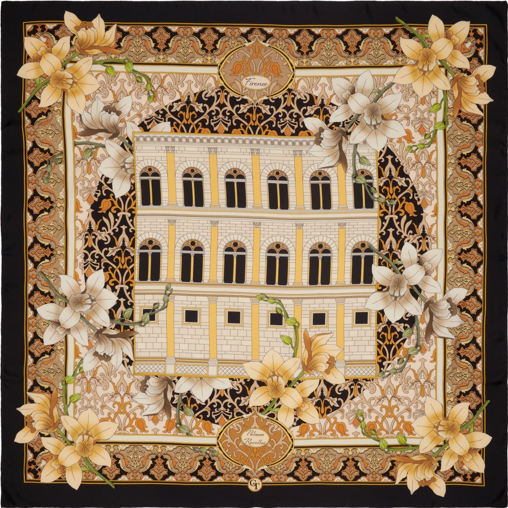 black, white and gold silk scarf depicting lilies and Rucellai palace in Florence