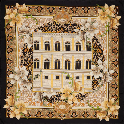 black, white and gold silk scarf depicting lilies and Rucellai palace in Florence
