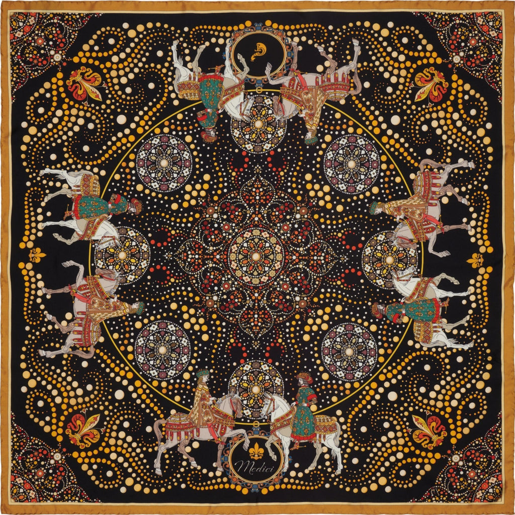 black, gold and red silk scarf depicting members of the Medici family and geometric patterns