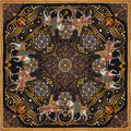 black, gold and red silk scarf depicting members of the Medici family and geometric patterns