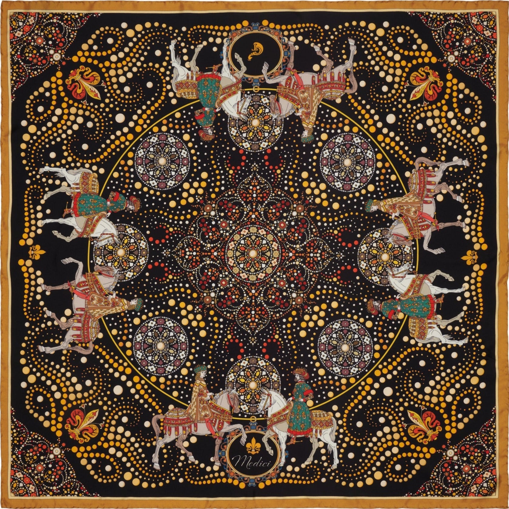 black, gold and red silk scarf depicting members of the Medici family and geometric patterns