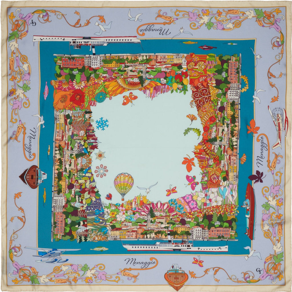 lilac and blue silk scarf with colourful decorations of the town of Menaggio on Lake Como during the four seasons