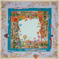 lilac and blue silk scarf with colourful decorations of the town of Menaggio on Lake Como during the four seasons