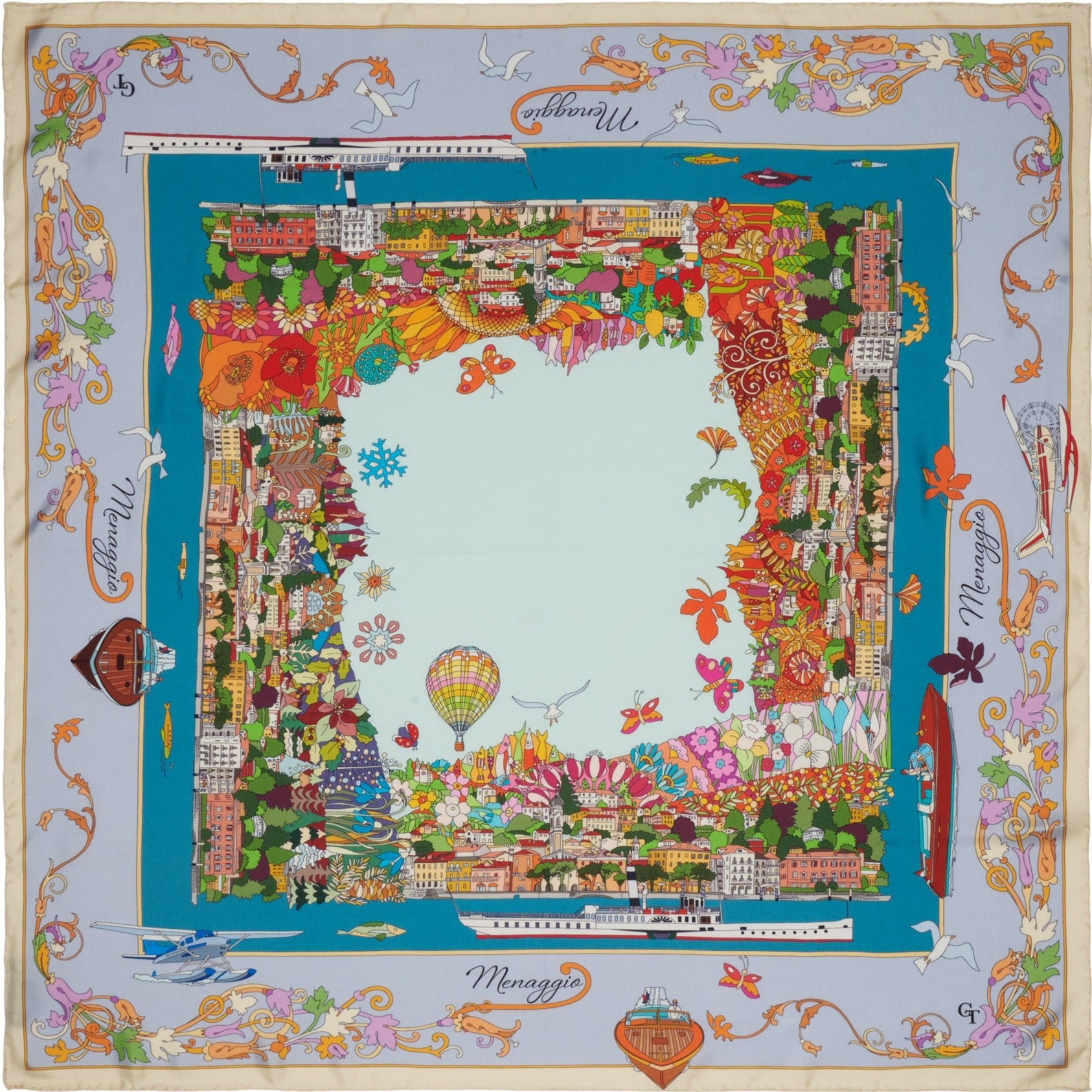 lilac and blue silk scarf with colourful decorations of the town of Menaggio on Lake Como during the four seasons