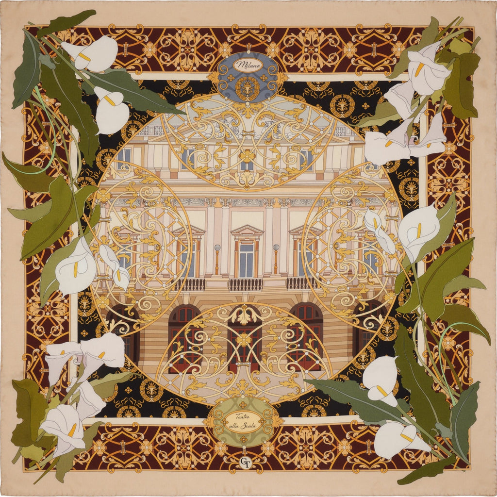 silk scarf depicting flowers and the facade of theatre La Scala in Milan