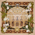 silk scarf depicting flowers and the facade of theatre La Scala in Milan